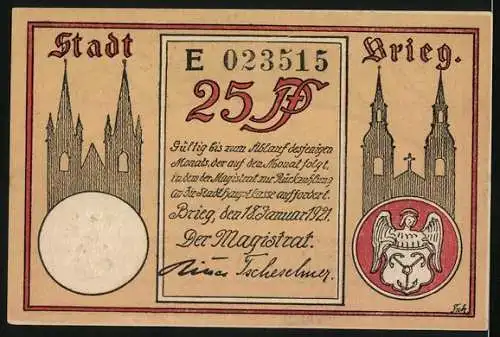 Notgeld Brieg 1921, 25 Pfennig, Stadtsilhouette