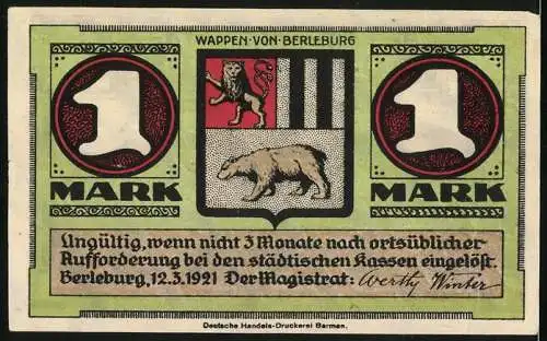 Notgeld Berleburg 1921, 1 Mark, Teilansicht 1650, Wappen
