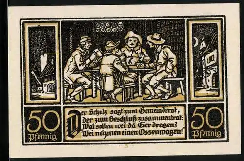 Notgeld Ditfurt 1921, 50 Pfennig, Schulz und Gemeinderat im Gasthaus, Kirche