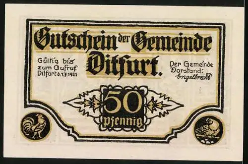 Notgeld Ditfurt 1921, 50 Pfennig, Schulz und Gemeinderat im Gasthaus, Kirche