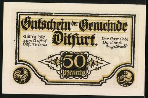 Notgeld Ditfurt 1921, 50 Pfennig, Bauern mit Eiern im Schloss