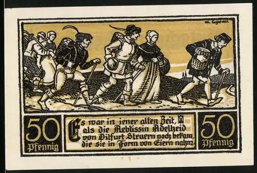 Notgeld Ditfurt 1921, 50 Pfennig, Bauern bringen Eier zur Aebtissin ADelheid