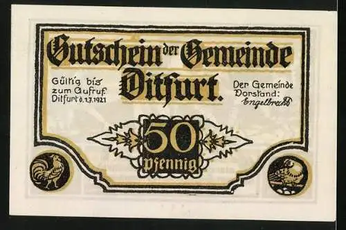 Notgeld Ditfurt 1921, 50 Pfennig, Bauern bringen Eier zur Aebtissin ADelheid