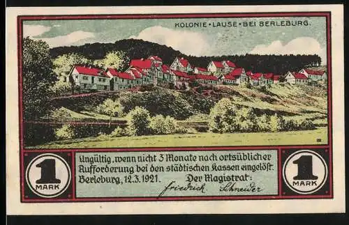 Notgeld Berleburg 1921, 1 Mark, Kolonie Lause
