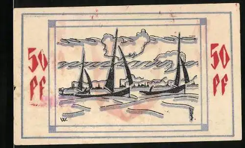 Notgeld Bullenkuhlen /Amtsbezirk Bevern 1921, Uferpartie mit Segelbooten, Wappen