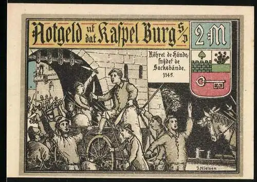 Notgeld Burg /S.-D 1916, 2 Mark, Kämpfer vor der Kaspel-Burg, Wappen