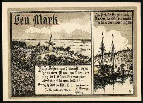 Notgeld Burg /S.-D. 1916, 1 Mark, Ortspartie mit Windmühle, Uferpartie mit Booten