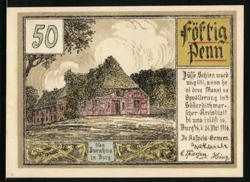 Notgeld Burg /S.-D. 1916, 50 Pfennig, Ortspartie mit Bauernhaus, Windmühle