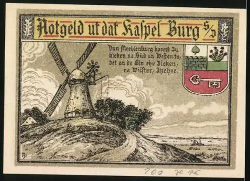 Notgeld Burg /S.-D. 1916, 50 Pfennig, Ortspartie mit Bauernhaus, Windmühle