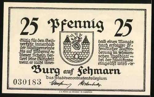 Notgeld Burg auf Fehmarn, 25 Pfennig, Nerthus-Sage, Frau mit Stiergespann, Wappen