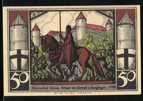 Notgeld Bütow, 50 Pfennig, Ritterschloss Bütow und Reiter, Wappen