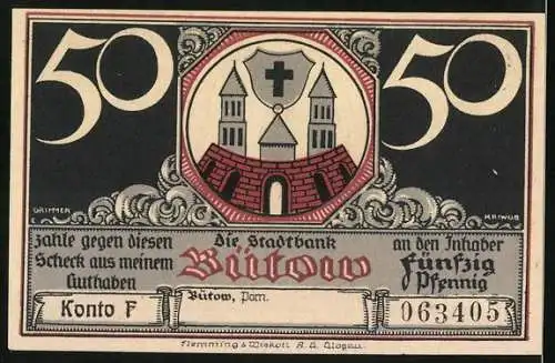 Notgeld Bütow, 50 Pfennig, Ritterschloss Bütow und Reiter, Wappen
