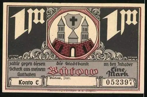 Notgeld Bütow, 1 Mark, Teilansicht, Tischler an der Werkbank, Wappen
