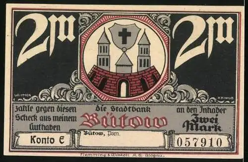 Notgeld Bütow, 2 Mark, Ortspartie mit Viadukt, Wappen