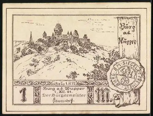 Notgeld Burg a. d. Wupper 1921, 1 Mark, Ausmarsch der Freiwilligen des bergischen Landes zur Zeit der Freiheitskriege