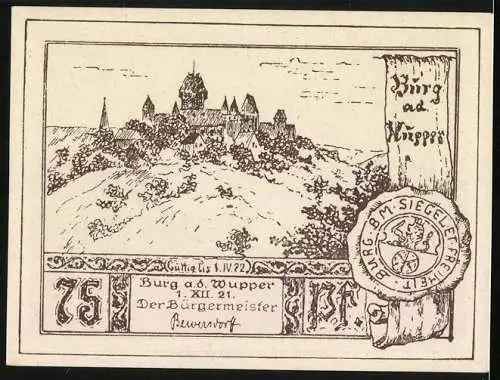 Notgeld Burg a. d. Wupper 1921, 75 Pfennig, Bergfried mit Palasgebäude