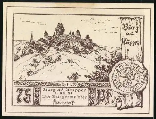 Notgeld Burg a. d. Wupper 1921, 75 Pfennig, Vereinigung der Länder Cleve, Mark, Jülich, Berg durch Verlobung 1496