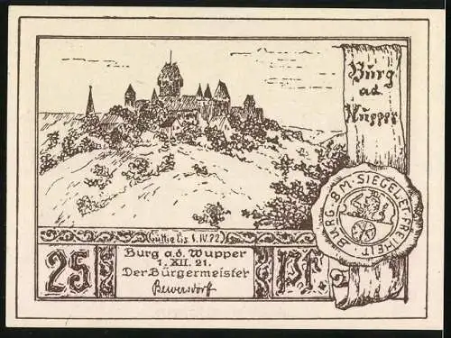 Notgeld Burg a. d. Wupper 1921, 25 Pfennig, Rittersaale, Innenansicht