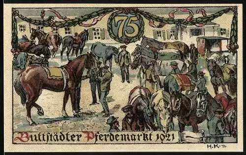 Notgeld Buttstädt, 75 Pfennig, Buttstädter Pferdemarkt 1921, Wappen