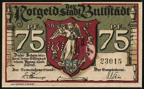 Notgeld Buttstädt, 75 Pfennig, Buttstädter Pferdemarkt 1921, Wappen