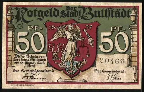 Notgeld Buttstädt, 50 Pfennig, Des Stadtrats Garküche, Wappen