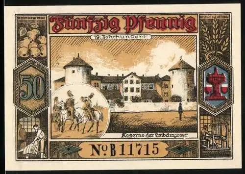 Notgeld Butzbach 1921, 50 Pfennig, 600 jähriges Stadtjubiläum 1321-1921, Kaserne der Leibdragoner, Wappen