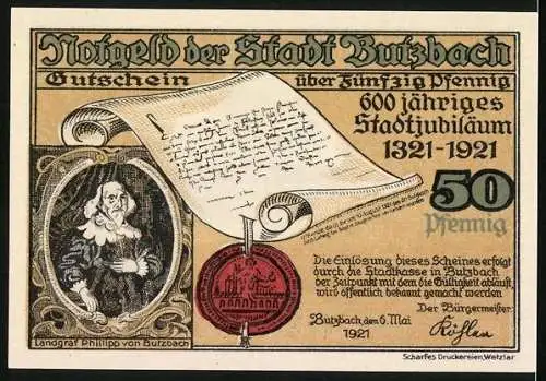 Notgeld Butzbach 1921, 50 Pfennig, 600 jähriges Stadtjubiläum 1321-1921, Kaserne der Leibdragoner, Wappen
