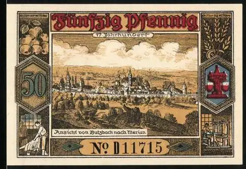 Notgeld Butzbach 1921, 50 Pfennig, 600 jähriges Stadtjubiläum 1321-1921, Teilansicht nach Merian, Wappen