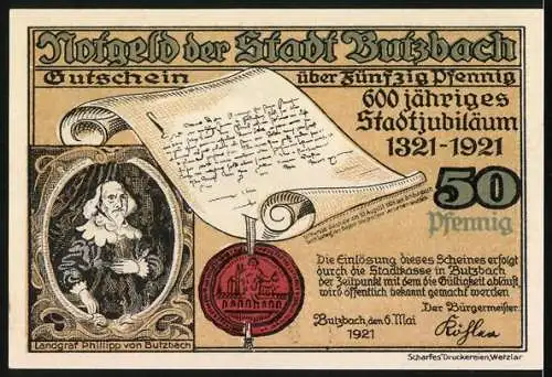 Notgeld Butzbach 1921, 50 Pfennig, 600 jähriges Stadtjubiläum 1321-1921, Teilansicht nach Merian, Wappen