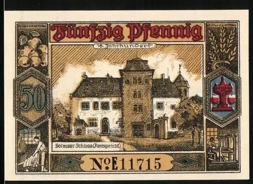 Notgeld Butzbach 1921, 50 Pfennig, 600 jähriges Stadtjubiläum 1321-1921, Solmser Schloss Amtsgericht, Wappen