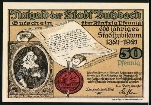 Notgeld Butzbach 1921, 50 Pfennig, 600 jähriges Stadtjubiläum 1321-1921, Solmser Schloss Amtsgericht, Wappen