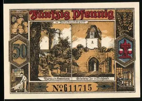 Notgeld Butzbach 1921, 50 Pfennig, 600 jähriges Stadtjubiläum 1321-1921, Hexenturm, Friedeler Tor, Wappen