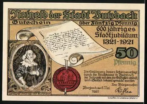 Notgeld Butzbach 1921, 50 Pfennig, 600 jähriges Stadtjubiläum 1321-1921, Hexenturm, Friedeler Tor, Wappen