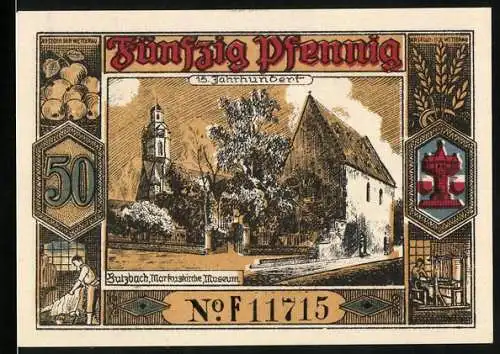 Notgeld Butzbach 1921, 50 Pfennig, 600 jähriges Stadtjubiläum 1321-1921, Markuskirche und Museum 15. Jahrhundert, Wappen