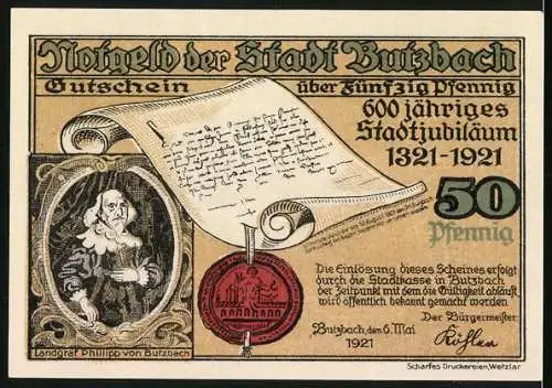 Notgeld Butzbach 1921, 50 Pfennig, 600 jähriges Stadtjubiläum 1321-1921, Markuskirche und Museum 15. Jahrhundert, Wappen