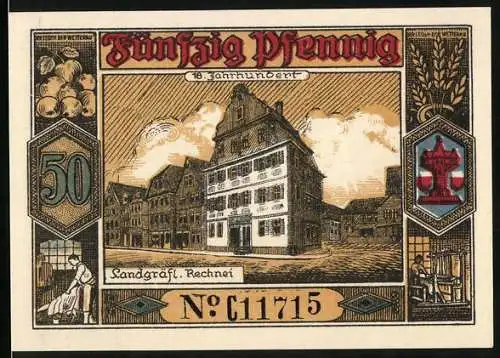Notgeld Butzbach 1921, 50 Pfennig, 600 jähriges Stadtjubiläum 1321-1921, Landgräfliche Rechnei 18. Jahrhundert, Wappen