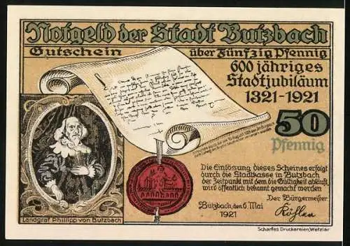 Notgeld Butzbach 1921, 50 Pfennig, 600 jähriges Stadtjubiläum 1321-1921, Landgräfliche Rechnei 18. Jahrhundert, Wappen