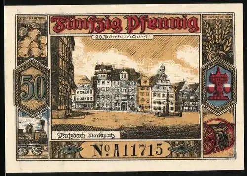 Notgeld Butzbach 1921, 50 Pfennig, 600 jähriges Stadtjubiläum 1321-1921, Marktplatz 20. Jahrhundert, Wappen