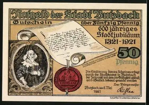 Notgeld Butzbach 1921, 50 Pfennig, 600 jähriges Stadtjubiläum 1321-1921, Marktplatz 20. Jahrhundert, Wappen