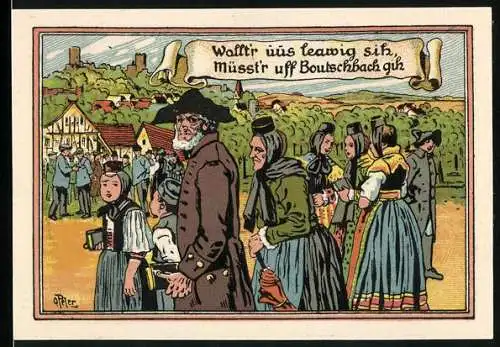 Notgeld Butzbach 1921, 25 Pfennig, 600 jähriges Stadtjubiläum 1321-1921, Älterer Soldat in Uniform und Bürgersfrauen