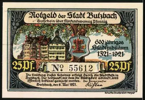 Notgeld Butzbach 1921, 25 Pfennig, 600 jähriges Stadtjubiläum 1321-1921, Älterer Soldat in Uniform und Bürgersfrauen