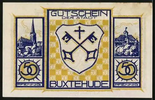 Notgeld Buxtehude, 50 Pfennig, Stadtsilhouette, Schmied mit Hammer und Amboss