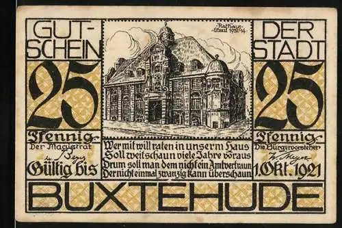 Notgeld Buxtehude 1921, 25 Pfennig, Rathaus, Wappen