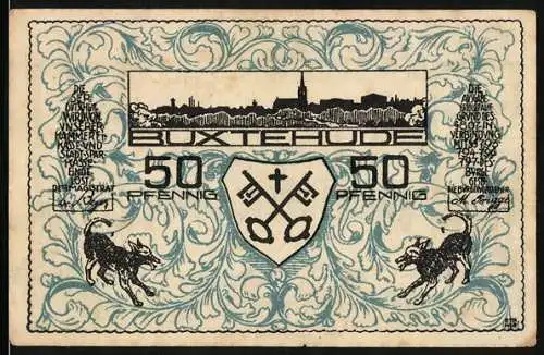 Notgeld Buxtehude 1920, 50 Pfennig, Stadtsilhouette, Wappen