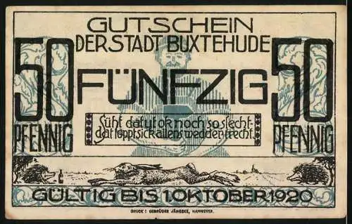 Notgeld Buxtehude 1920, 50 Pfennig, Stadtsilhouette, Wappen