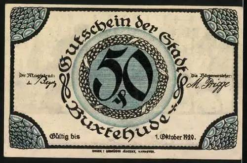 Notgeld Buxtehude 1920, 50 Pfennig, Schmied mit Hammer und Amboss