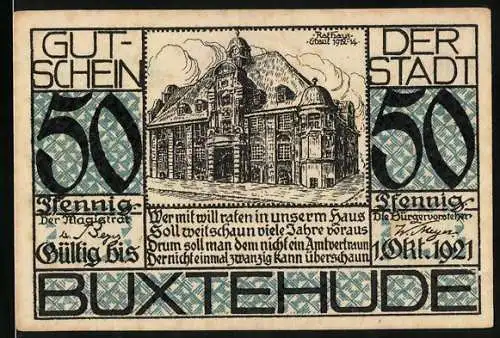 Notgeld Buxtehude 1921, 50 Pfennig, Rathaus, Wappen