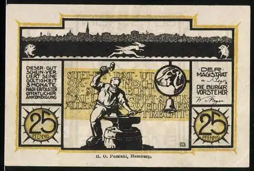 Notgeld Buxtehude, 25 Pfennig, Stadtsilhouette, Schmied mit Hammer und Amboss, Wappen