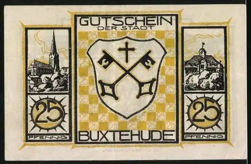 Notgeld Buxtehude, 25 Pfennig, Stadtsilhouette, Schmied mit Hammer und Amboss, Wappen