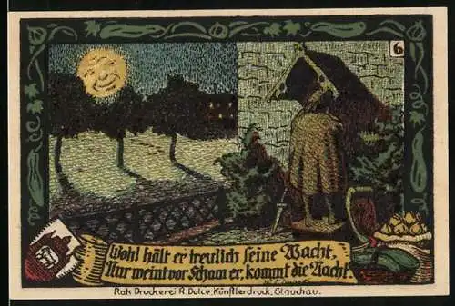 Notgeld Calbe a. d. Saale 1917, 50 Pfennig, Rückenansicht von Nachtwächter bei Mondschein, Wappen